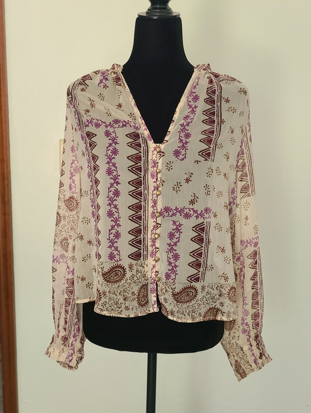 Zara Button Front Sheer Blouse - Cream & Purple Sz. XS